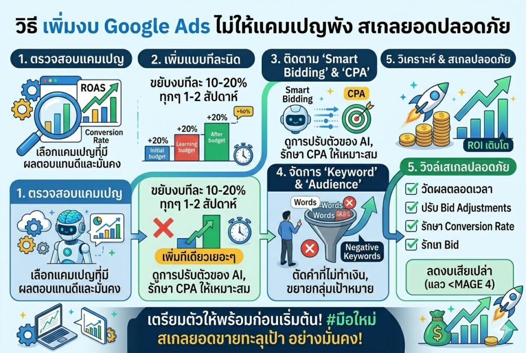 เพิ่มงบ Google Ads, สเกลยอดปลอดภัย, โฆษณา Google Ads, การตลาดออนไลน์, เพิ่มยอดขาย