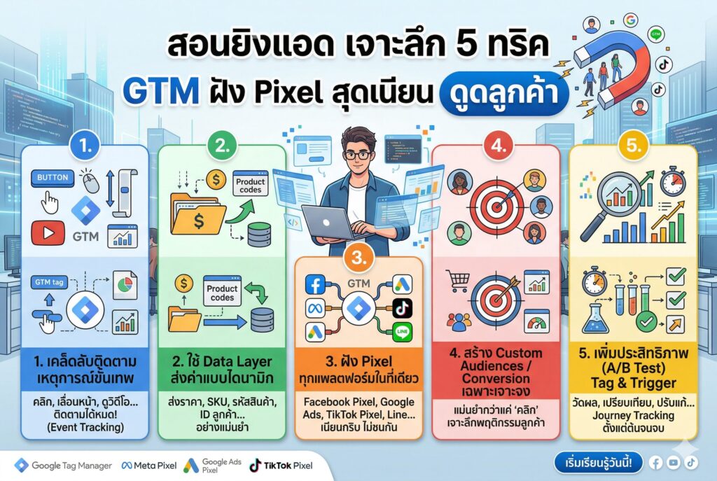 สอนยิงแอด, Facebook Pixel, Google Tag Manager, วัดผลโฆษณา, คอนเวอร์ชัน