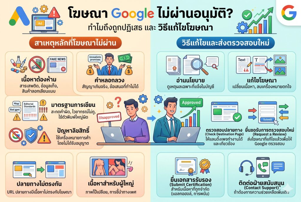 โฆษณา Google ไม่ผ่านอนุมัติ, แก้แอดไม่ผ่าน, การตลาดออนไลน์, เพิ่มยอดขาย, ยิงแอด Google